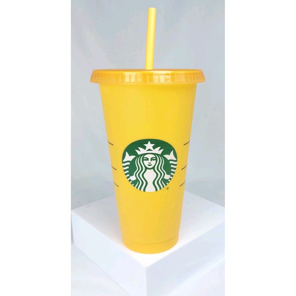Starbucks‎ Venti Reusable Color Changing Cup Tumbler Yellow To Orange Lid Straw